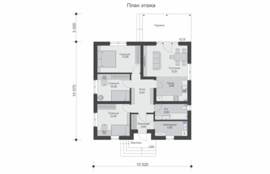 Одноэтажный дом с террасой, тремя спальнями и кухней-гостиной